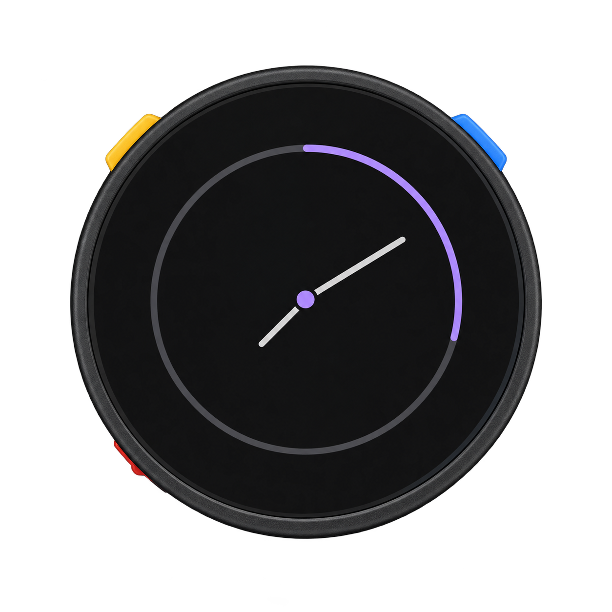 Head-on M5Stack StopWatch with a slim black bezel, a rectangular yellow button at 10, a rectangular blue button at 2, and a pale purple clock display